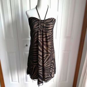 Vintage Y2K black & brown zebra print halter dress size M by City Studio